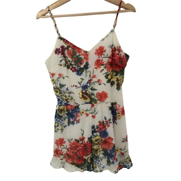 Honey Punch White Floral Romper Ruffle Shorts Thin Straps Women's Small - Picture 1 of 5